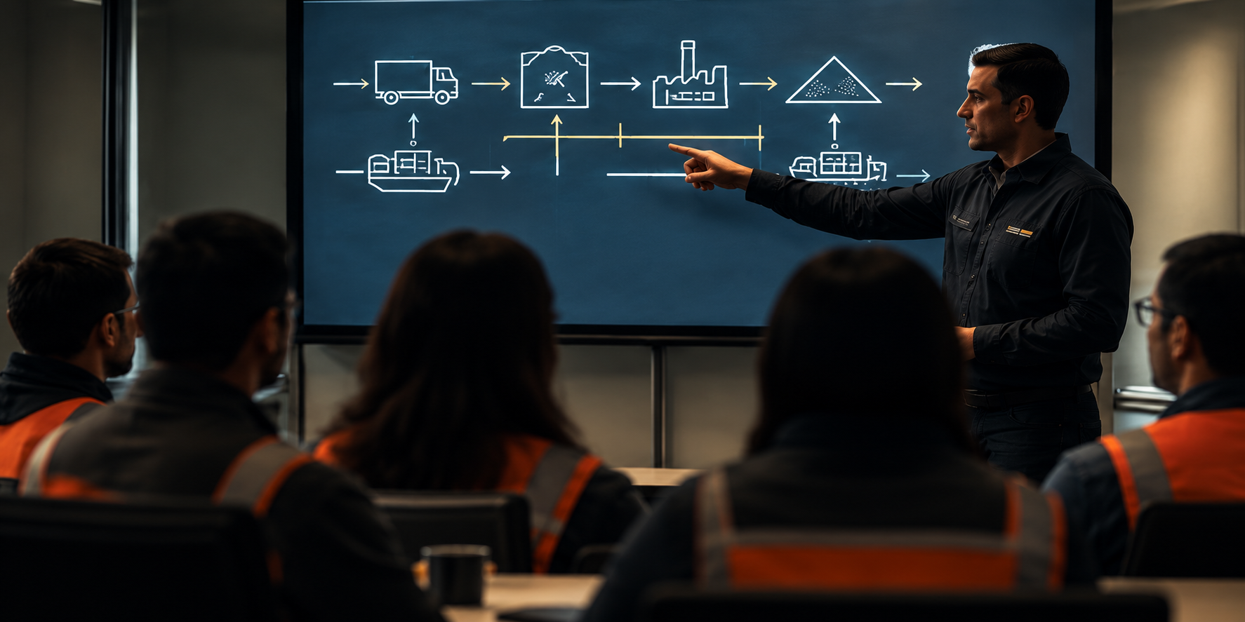Instructor explicando un proceso logístico a un grupo de profesionales